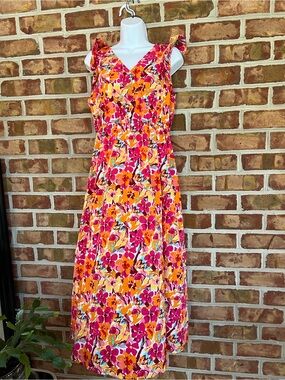 SHEIN Pink and Orange Floral Ruffle Strap Maxi Dress. Large